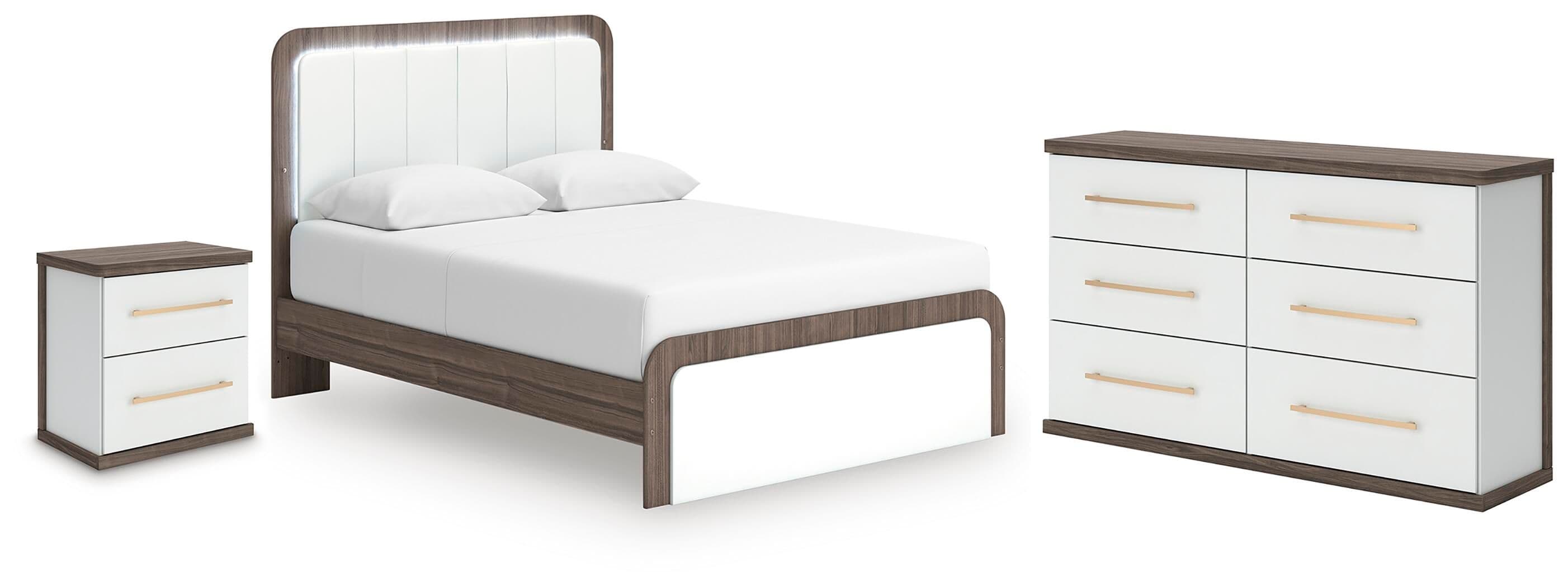 3 Pc. · Queen Upholstered Bed, Dresser And Nightstand · White / Brown