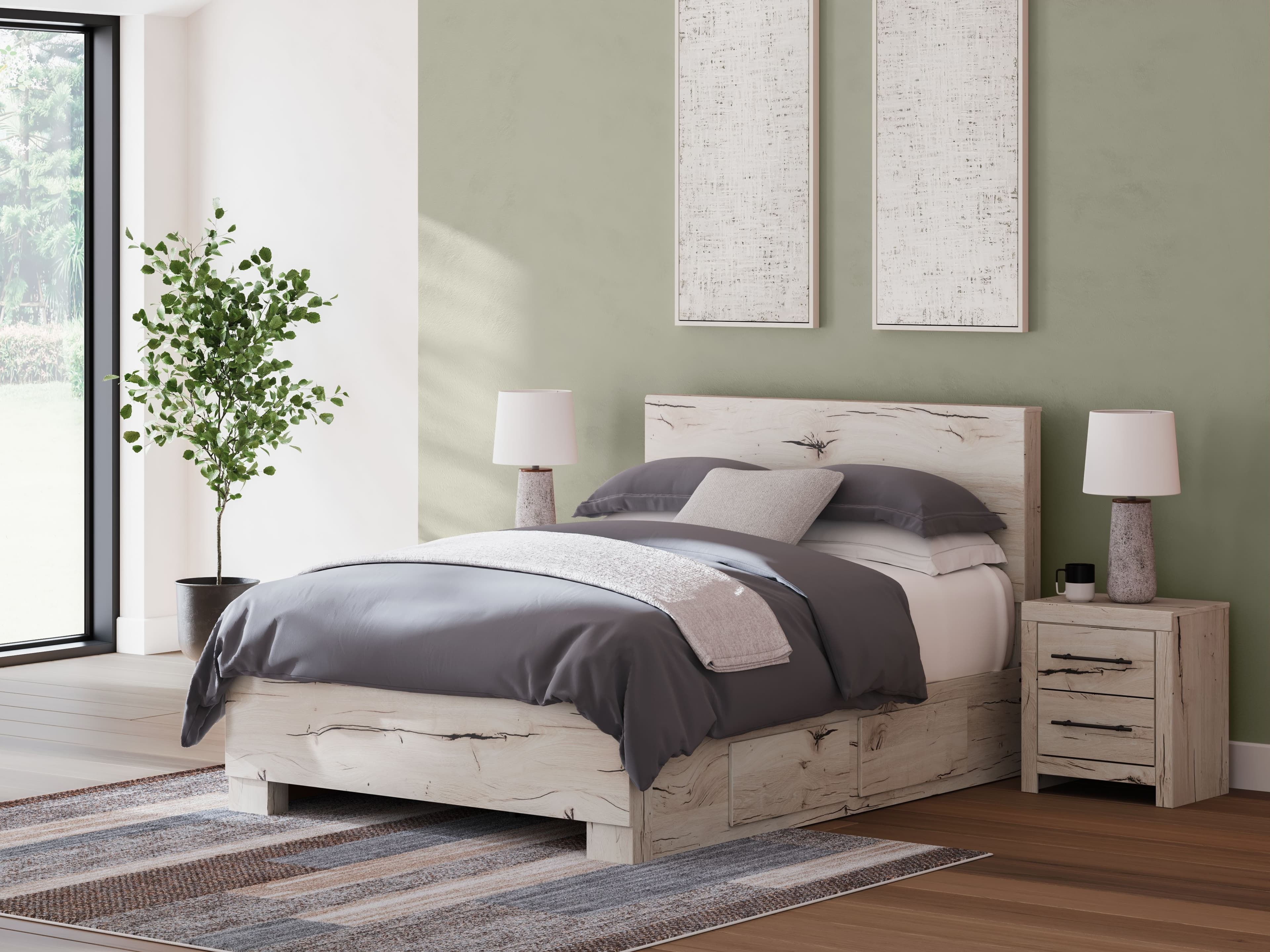 Lawroy - Queen Panel Bed With 2 Under Bed Storage Units - Light Natural