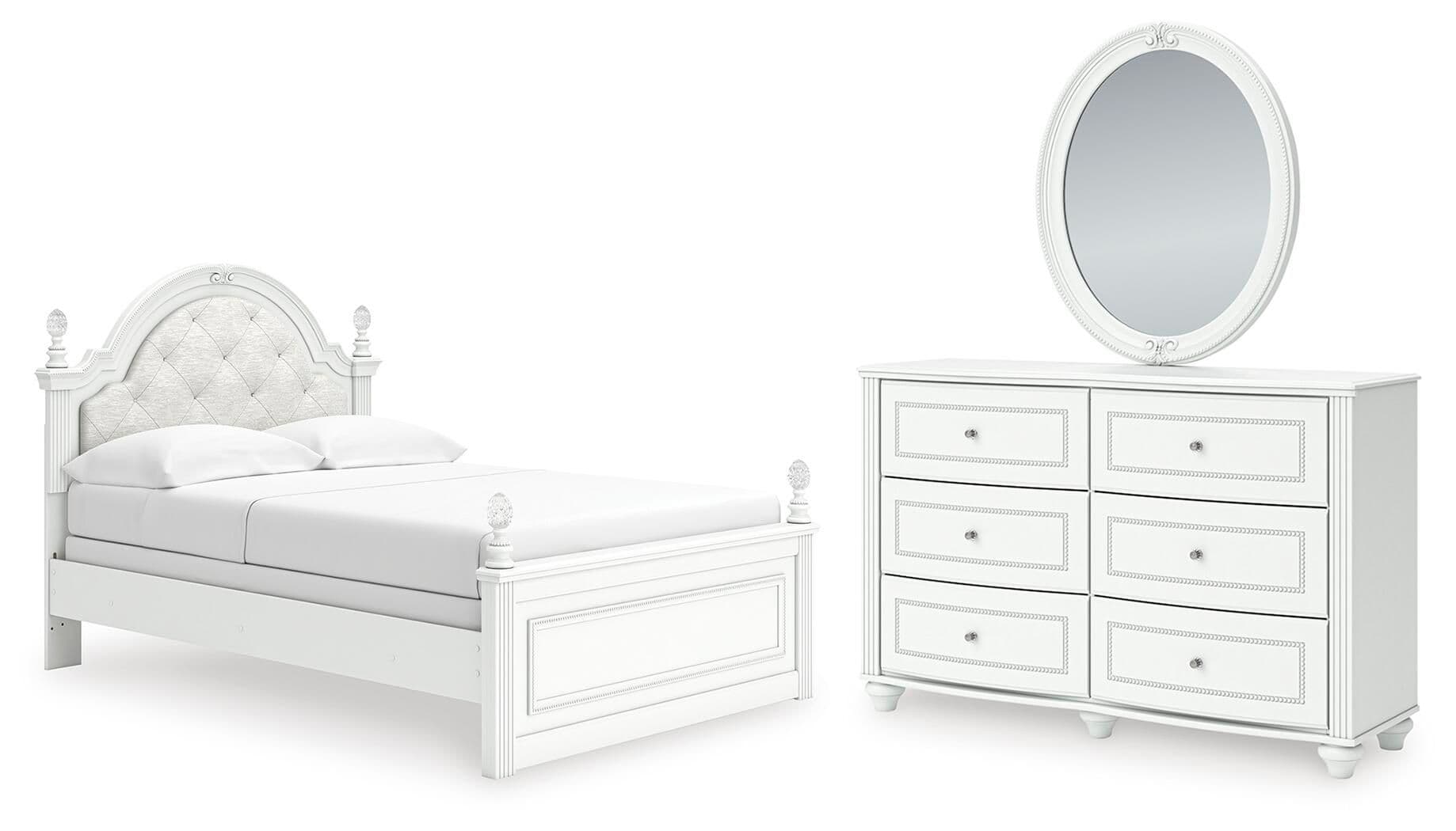 Kozlani - 3 Pc. - Full Upholstered Panel Bed, Dresser And Mirror - White