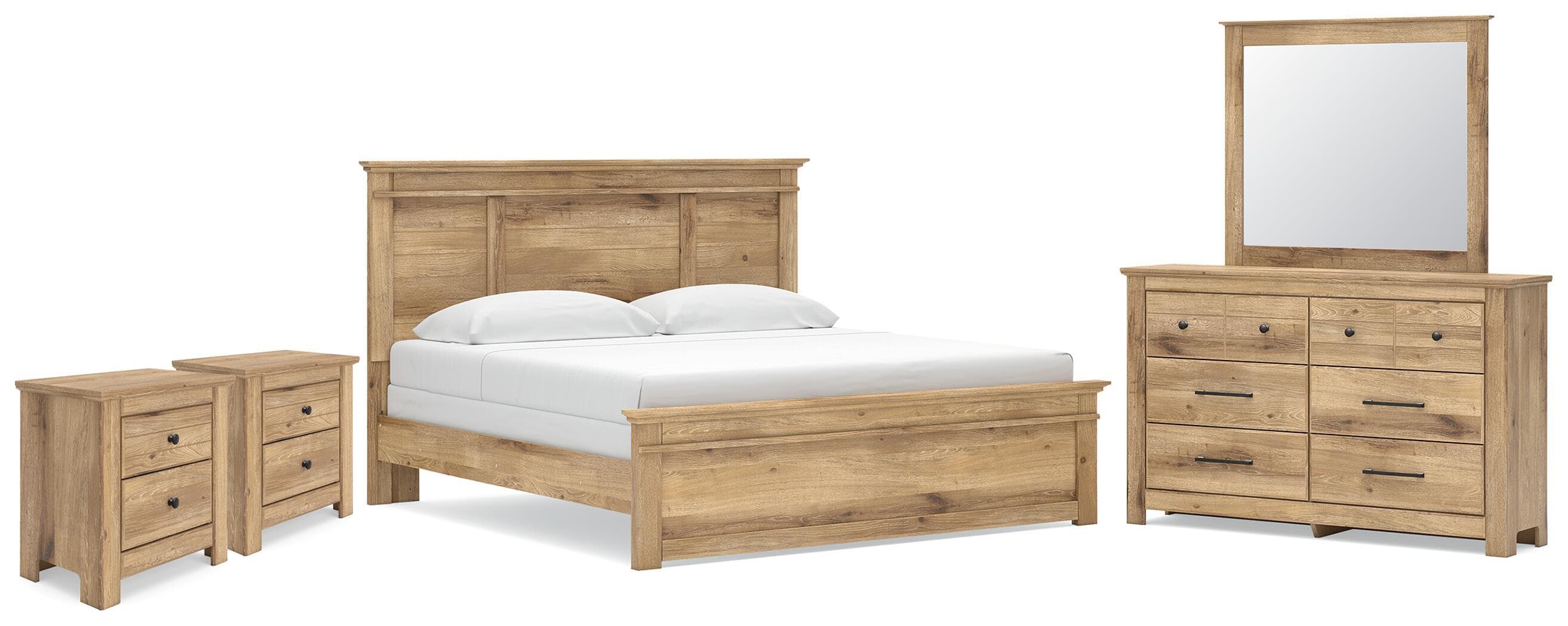 Makidern - 5 Pc. - King Panel Bed, Dresser, Mirror And 2 Nightstands - Tan