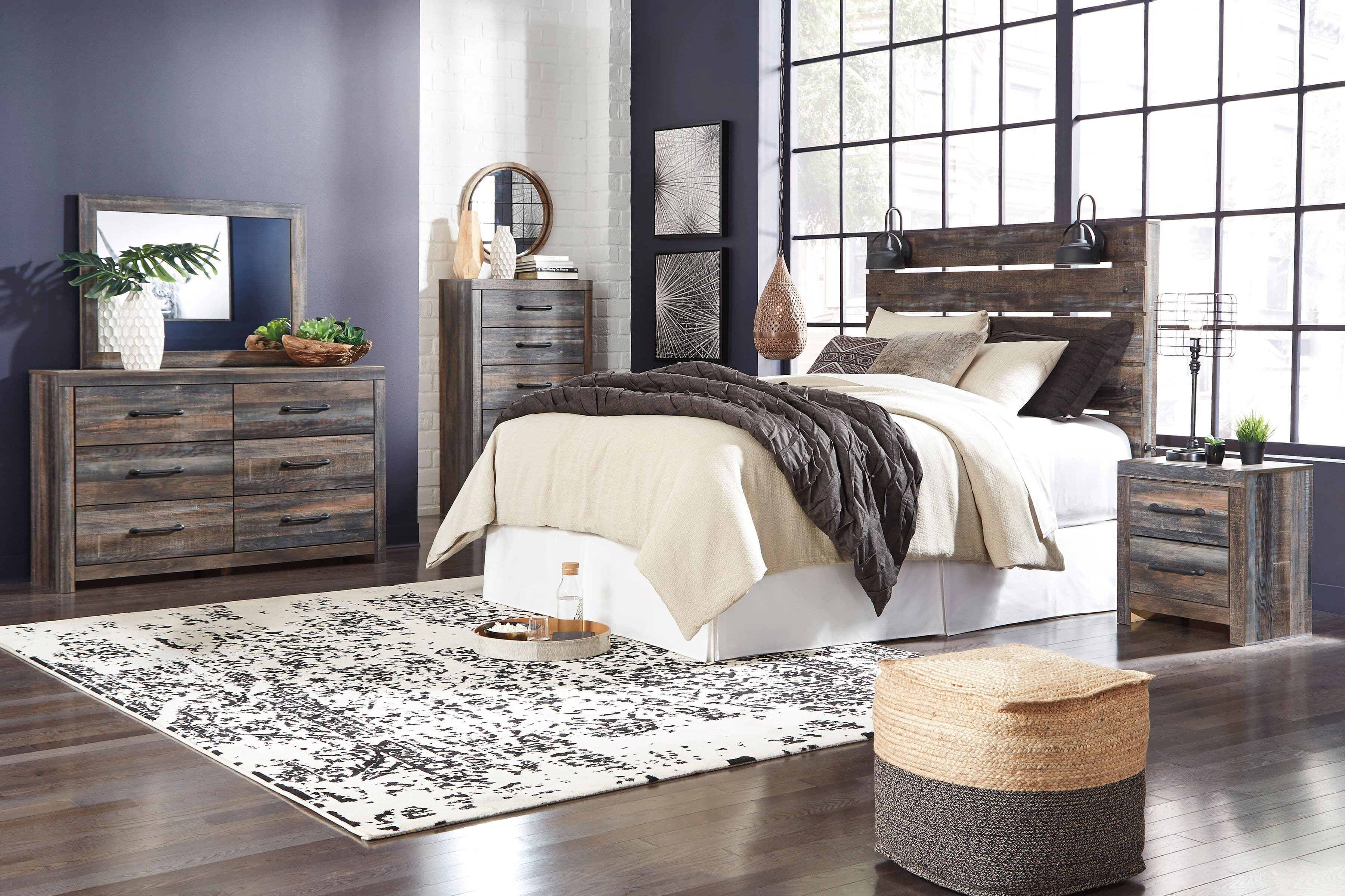 Drystan - 5 Pc. - Dresser, Mirror, Chest, Queen Panel Headboard, Nightstand - Brown / Beige