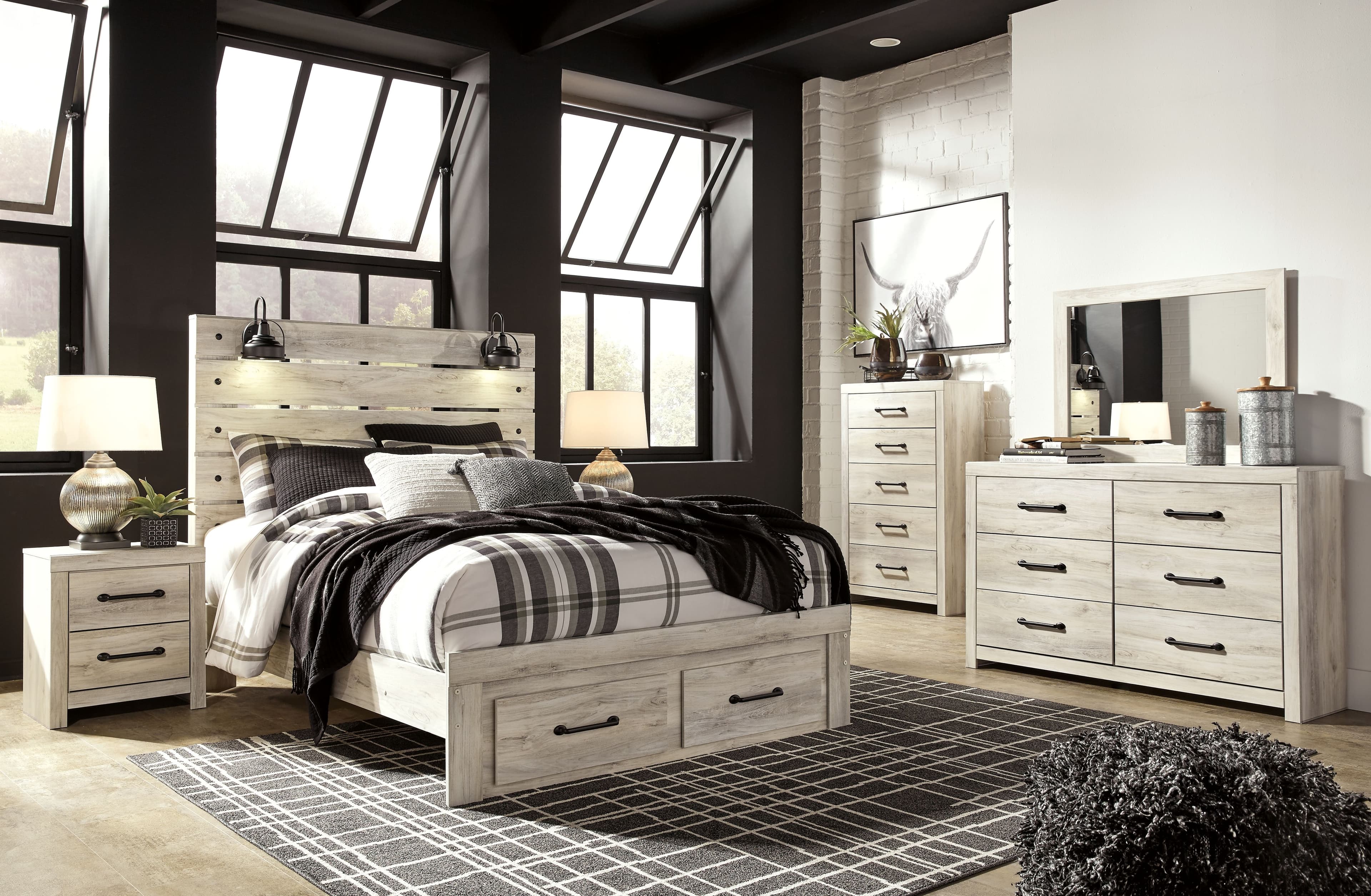 Cambeck - 5 Pc. - Dresser, Mirror, Queen Panel Bed with 2 Storage Drawers - Whitewash