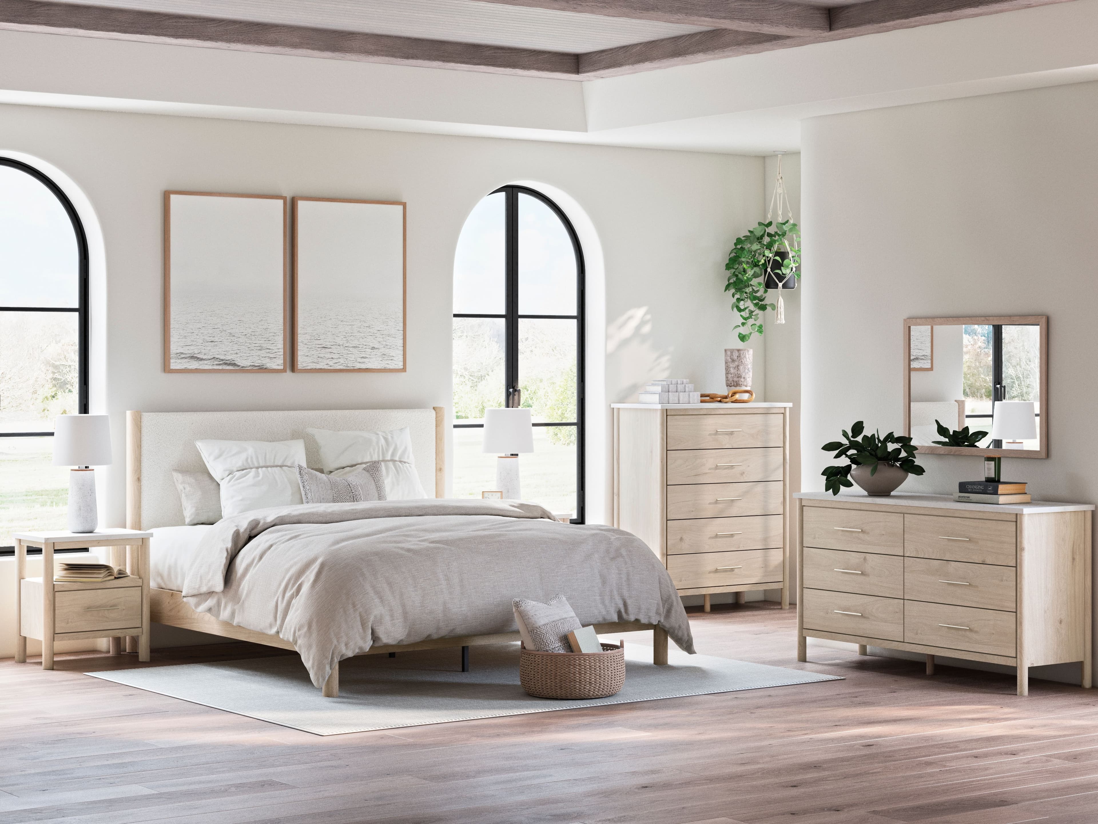 8 Pc. · Dresser, Mirror, Chest, King Upholstered Panel Bed, 2 Nightstands