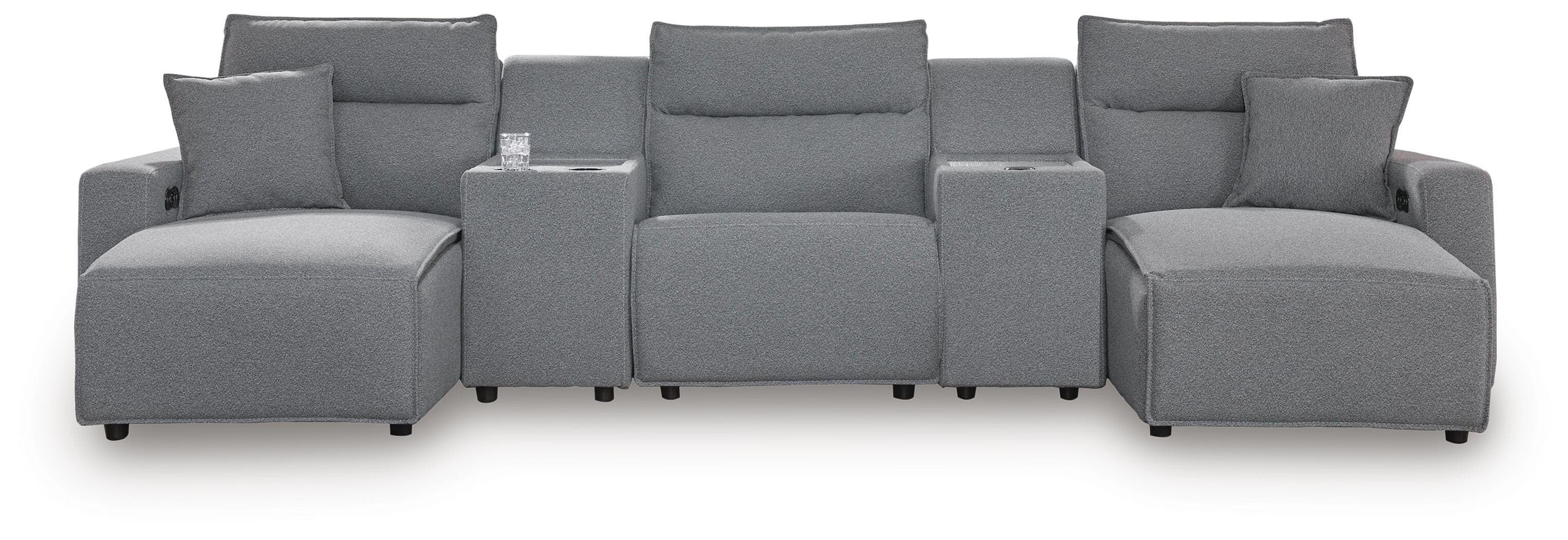 5-Piece Power Reclining Sectional With Double Chaise, Power Armless Recliner And 2 Consoles · Salt And Pepper