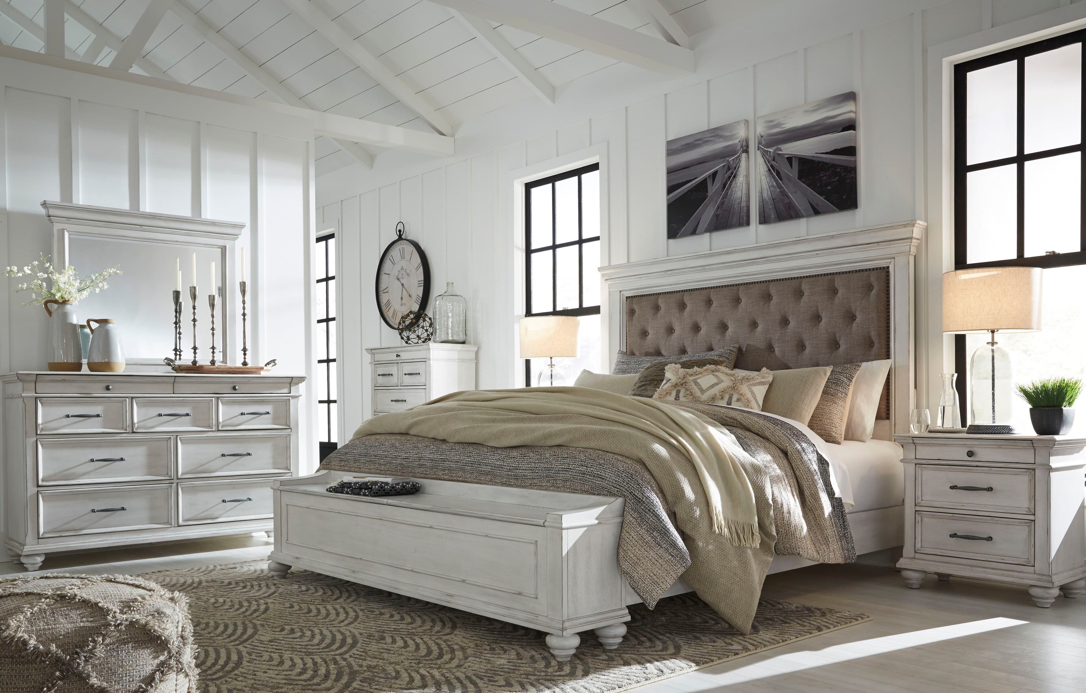 8 Pc. · Dresser, Mirror, Chest, Queen Upholstered Bed with Storage Bench, 2 Nightstands