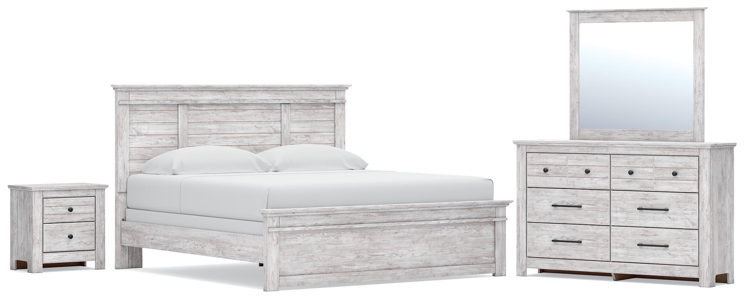 Makidern - 4 Pc. - King Panel Bed, Dresser, Mirror And Nightstand - Whitewash