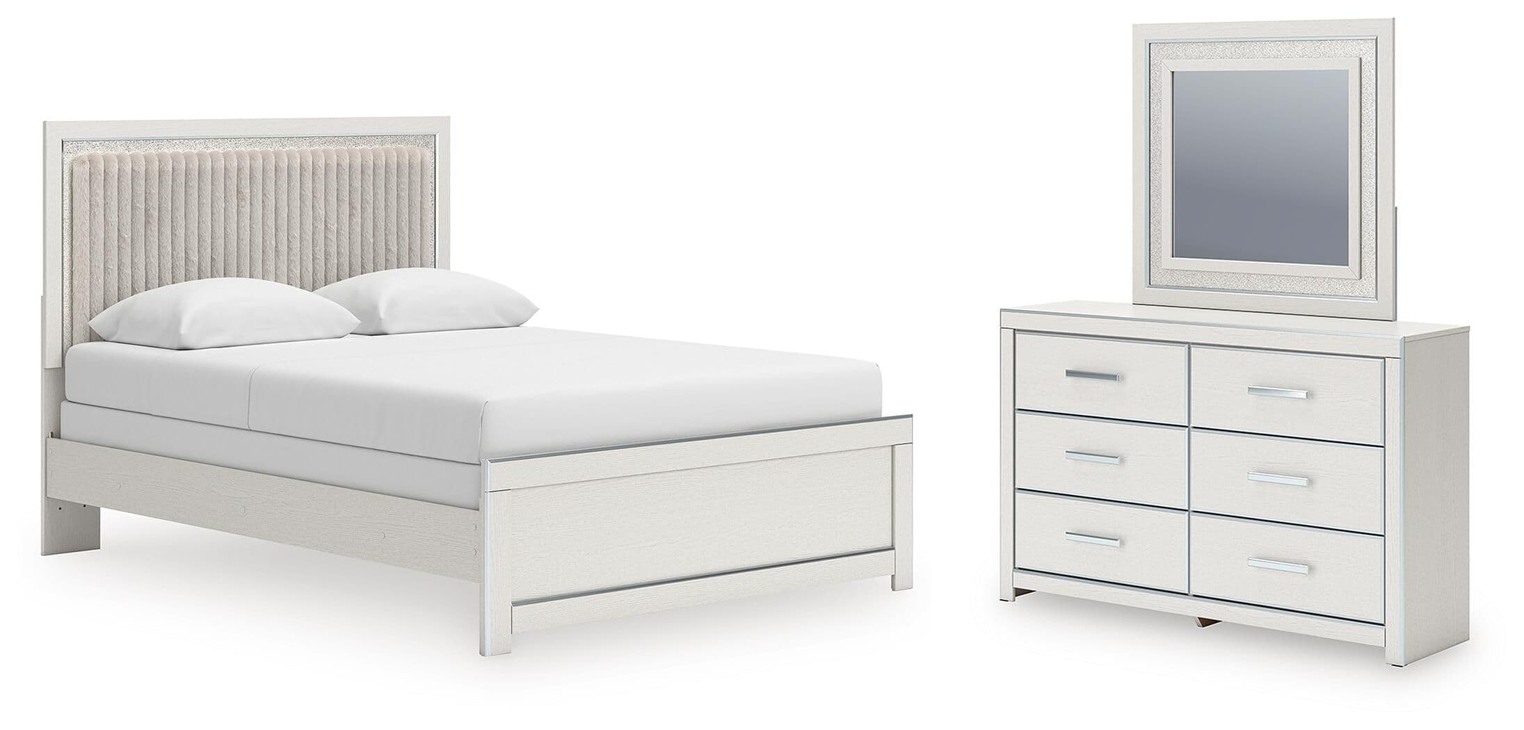 Zuraleus - 3 Pc. - Queen Upholstered Panel Bed, Dresser And Mirror - White