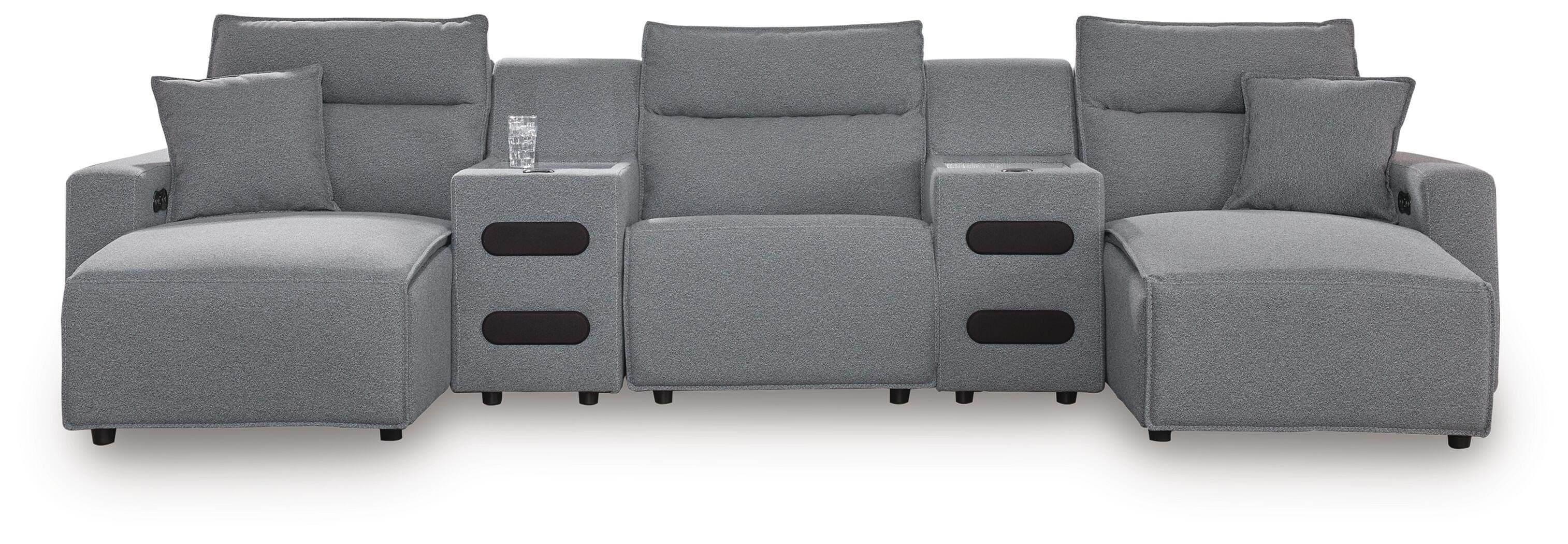 5-Piece Power Reclining Sectional With Double Chaise, Power Armless Recliner And 2 Audio Consoles · Salt And Pepper